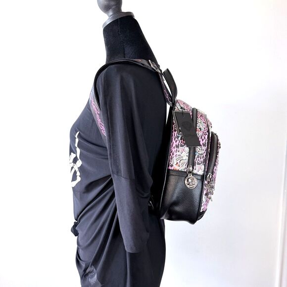 Ed Hardy Adjustable Pink Leopard Print Rhinestone Skulls  Backpack Purse NWT main image 10